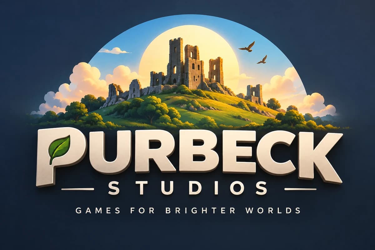 Purbeck Studios — Games for brighter worlds. Corfe Castle above the Purbeck countryside.
